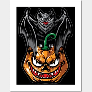 Bat and Pumpkin Halloween Posters and Art
